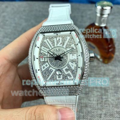 Copy Franck Muller Vanguard V45 Diamond Watch Silver Case White Leather